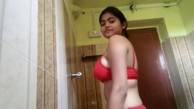 Big boobs  indian girl in red bra taking shower